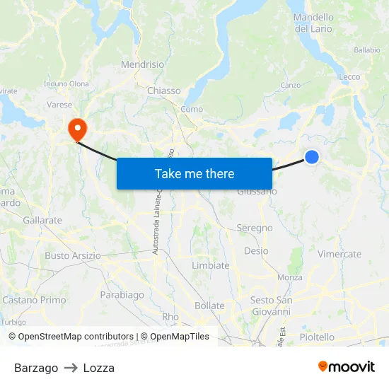 Barzago to Lozza map