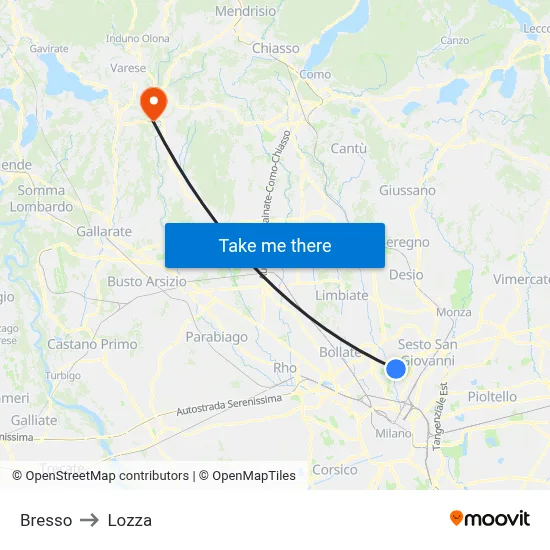 Bresso to Lozza map