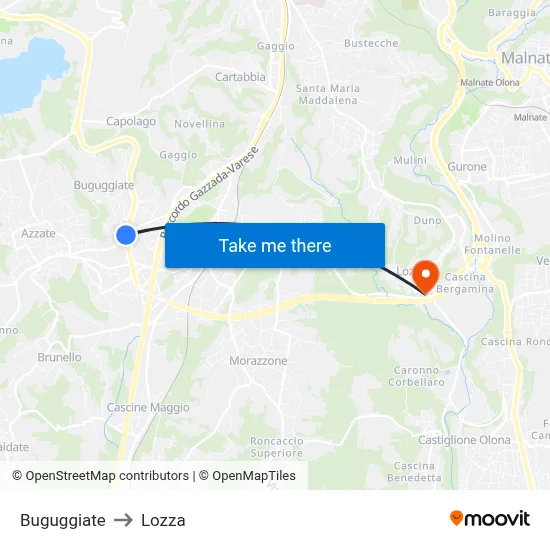 Buguggiate to Lozza map