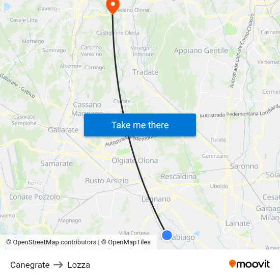 Canegrate to Lozza map