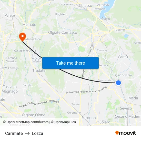 Carimate to Lozza map