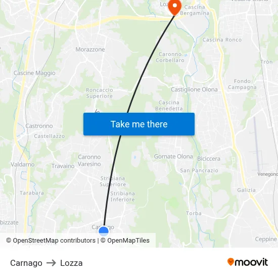 Carnago to Lozza map