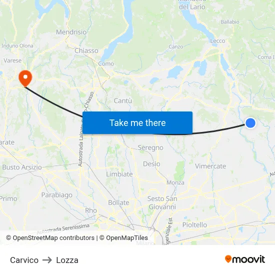 Carvico to Lozza map