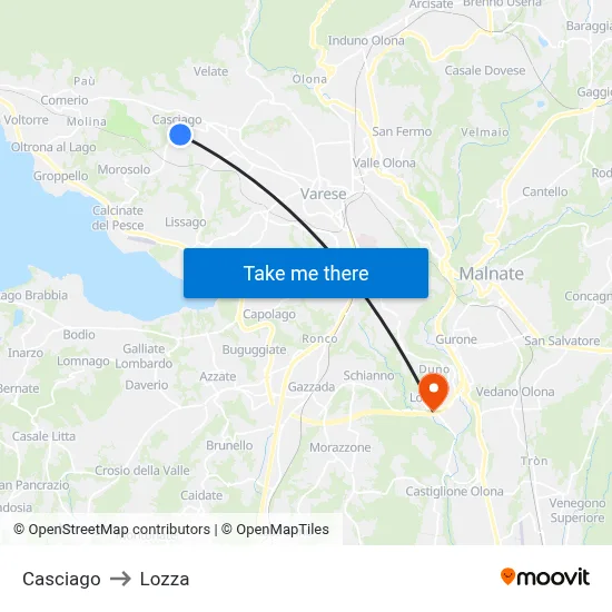 Casciago to Lozza map