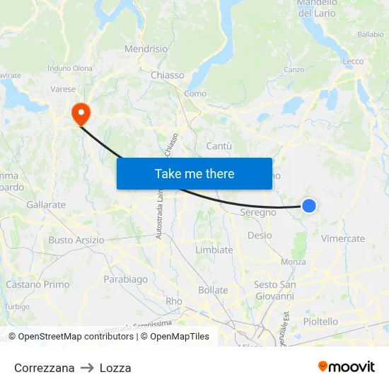 Correzzana to Lozza map