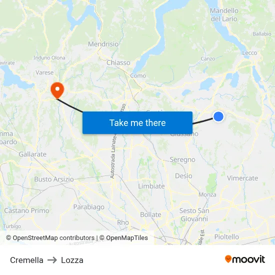 Cremella to Lozza map