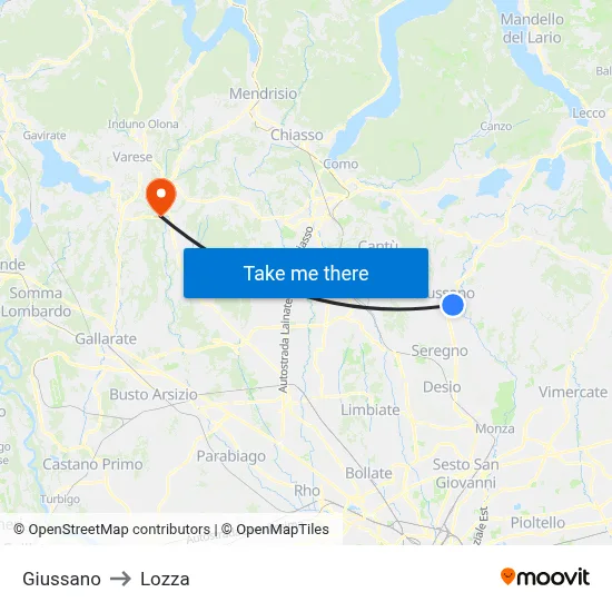 Giussano to Lozza map
