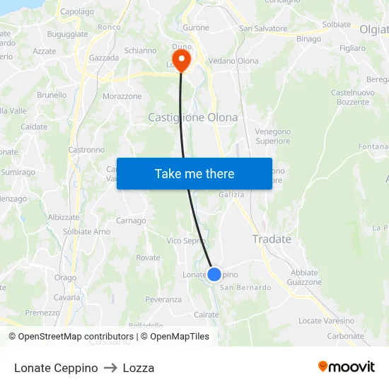 Lonate Ceppino to Lozza map