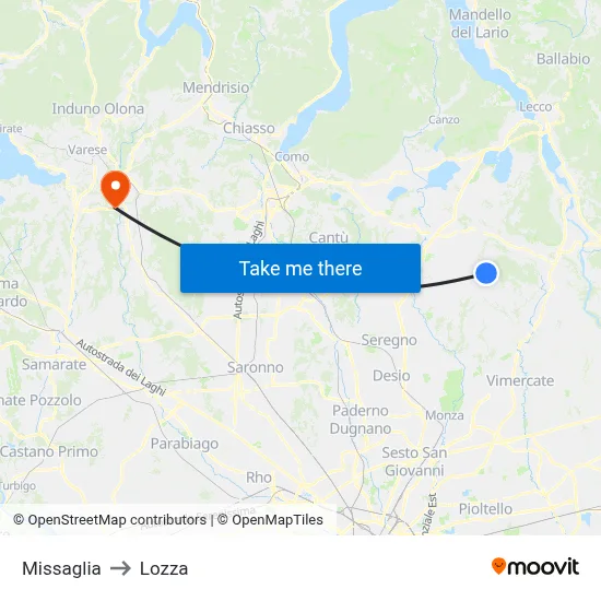 Missaglia to Lozza map