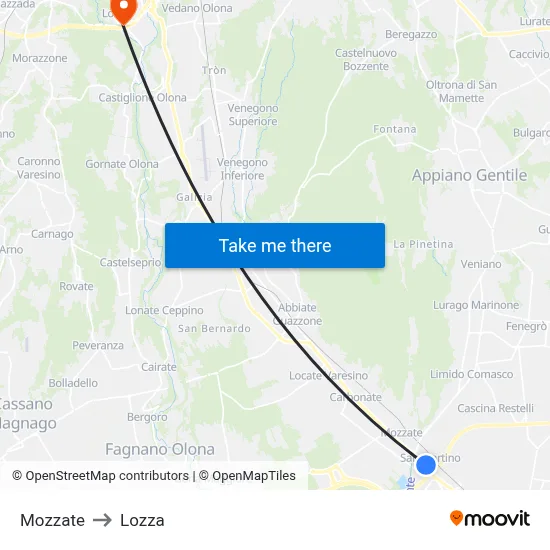 Mozzate to Lozza map