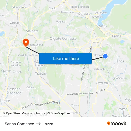 Senna Comasco to Lozza map