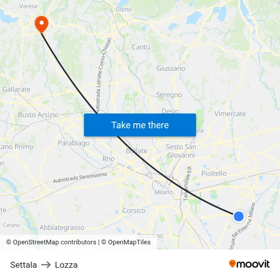 Settala to Lozza map