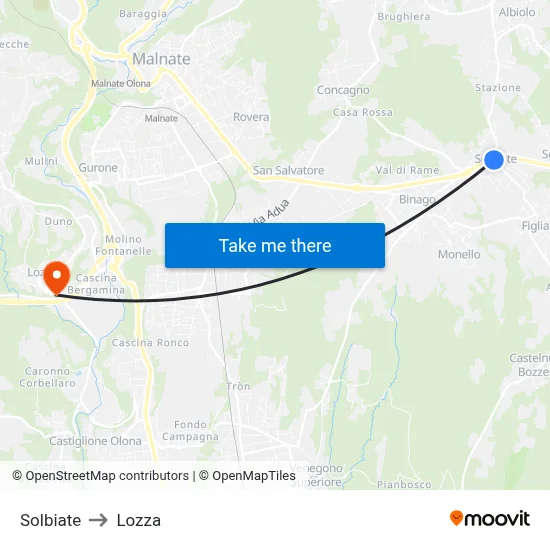 Solbiate to Lozza map