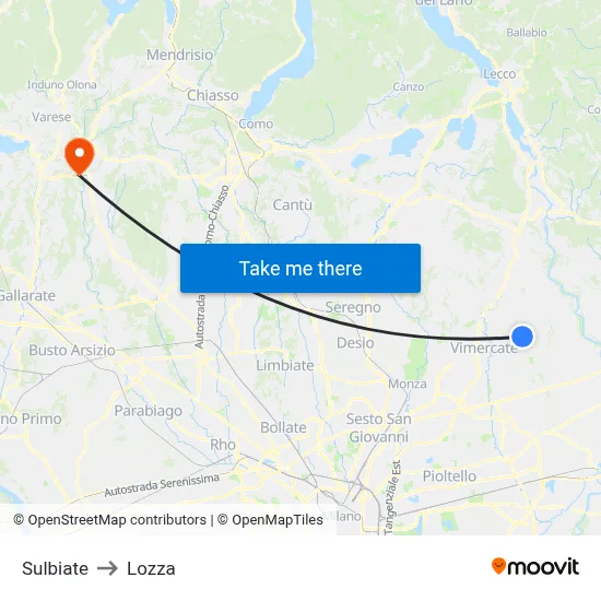 Sulbiate to Lozza map