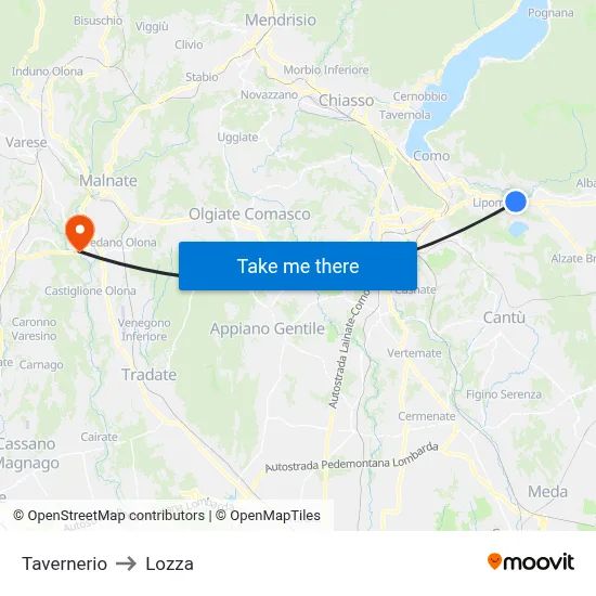 Tavernerio to Lozza map