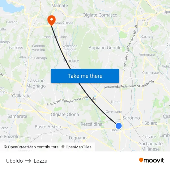 Uboldo to Lozza map