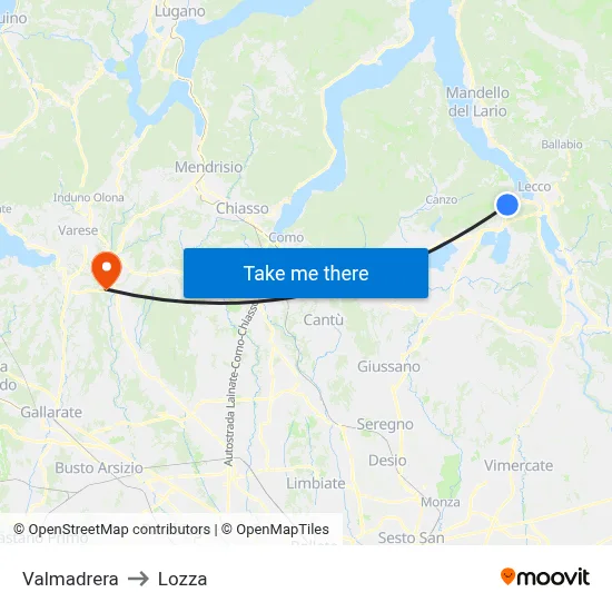 Valmadrera to Lozza map