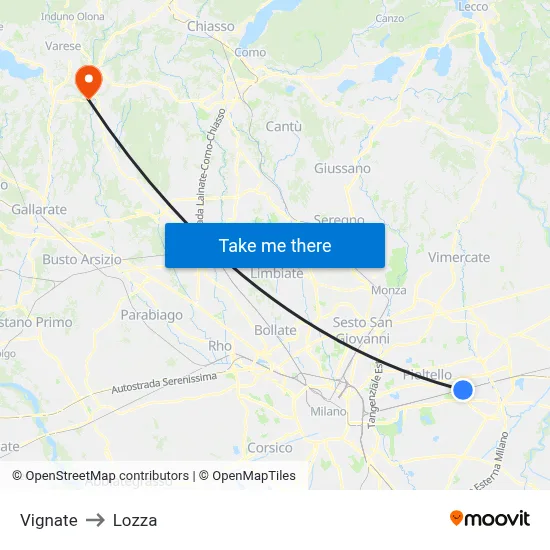 Vignate to Lozza map
