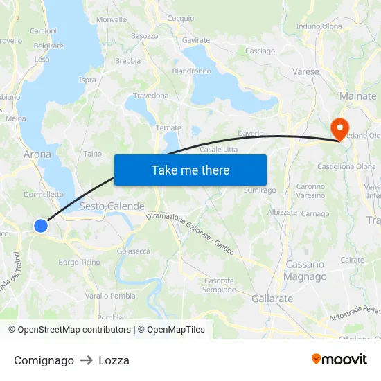 Comignago to Lozza map
