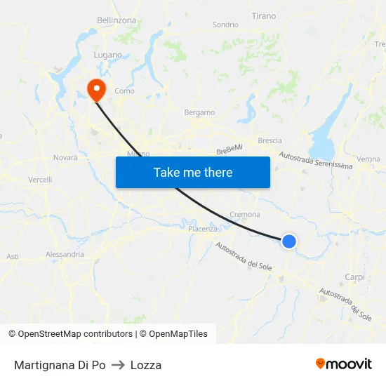 Martignana di Po to Lozza map