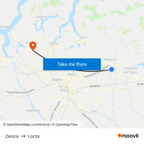 Zanica to Lozza map