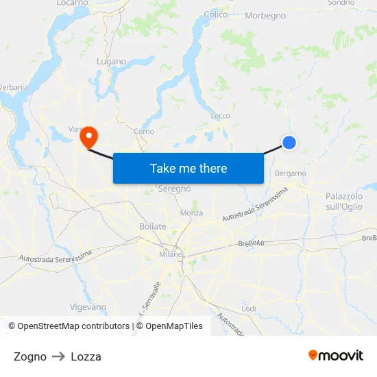 Zogno to Lozza map