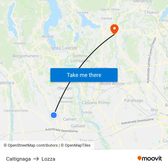 Caltignaga to Lozza map