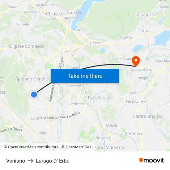 Veniano to Lurago d'Erba map