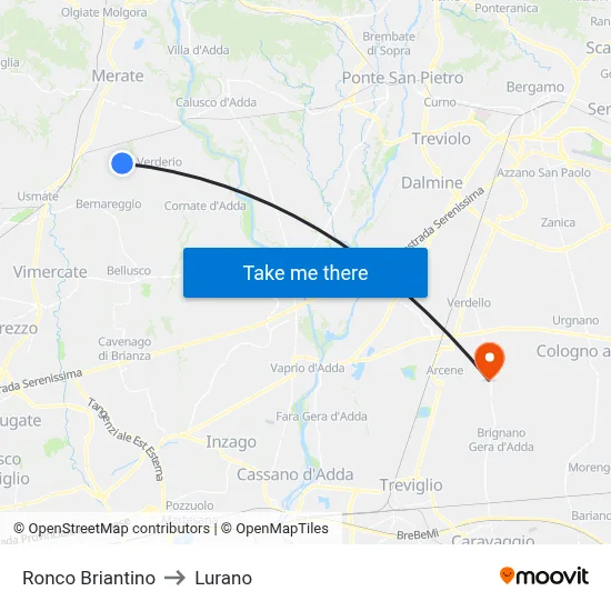 Ronco Briantino to Lurano map
