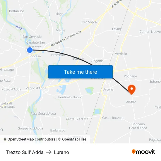 Trezzo Sull' Adda to Lurano map