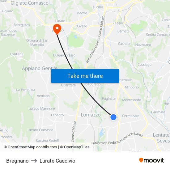 Bregnano to Lurate Caccivio map