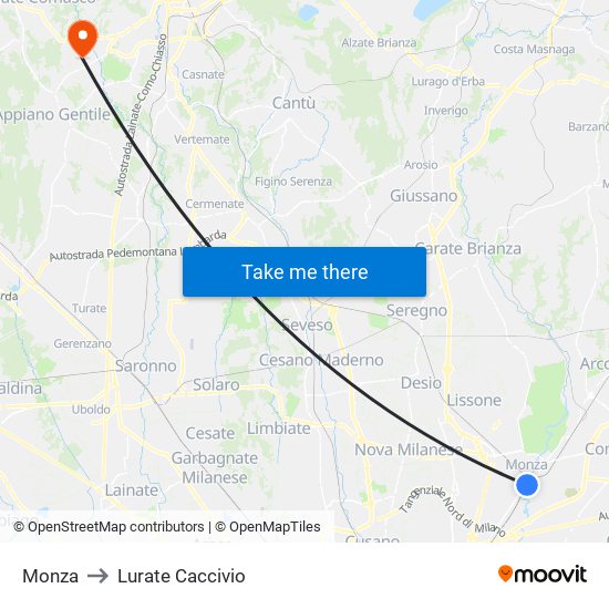 Monza to Lurate Caccivio map