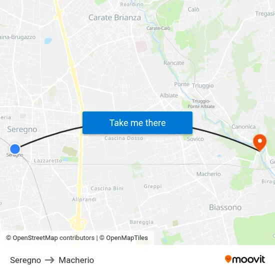 Seregno to Macherio map
