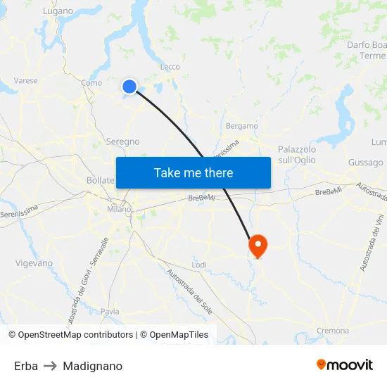 Erba to Madignano map