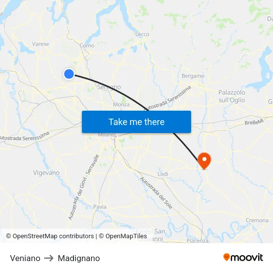 Veniano to Madignano map