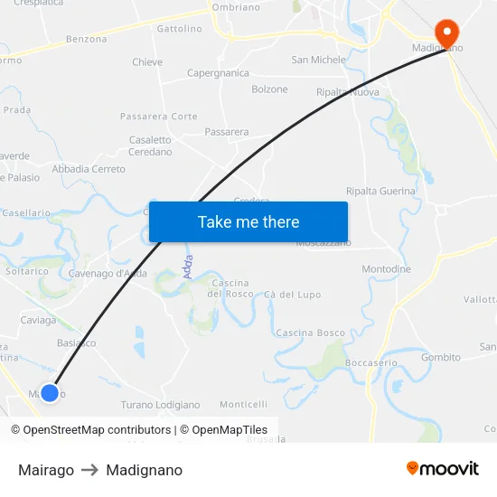 Mairago to Madignano map