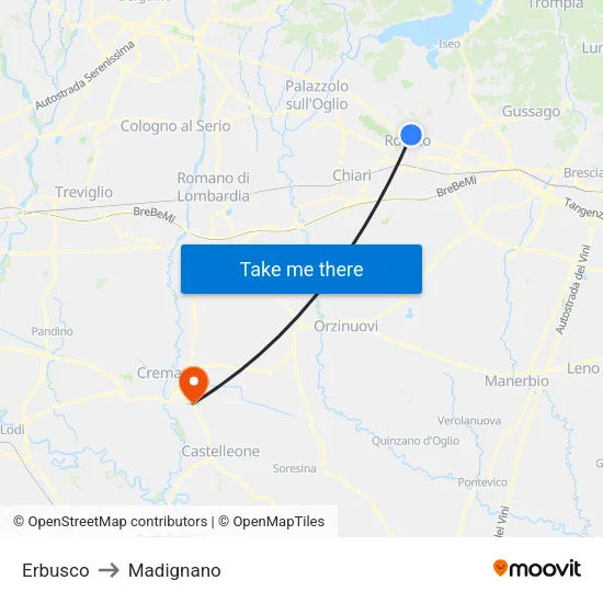 Erbusco to Madignano map
