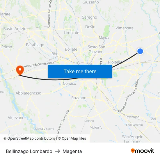 Bellinzago Lombardo to Magenta map