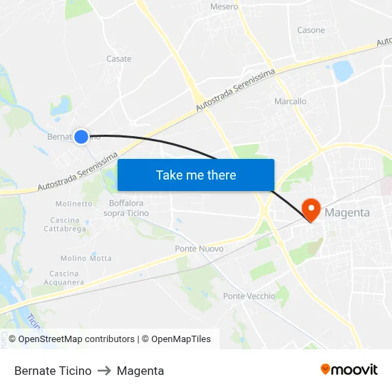 Bernate Ticino to Magenta map