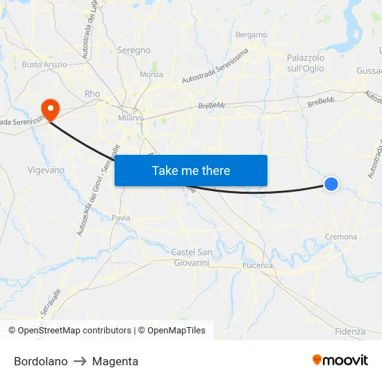 Bordolano to Magenta map