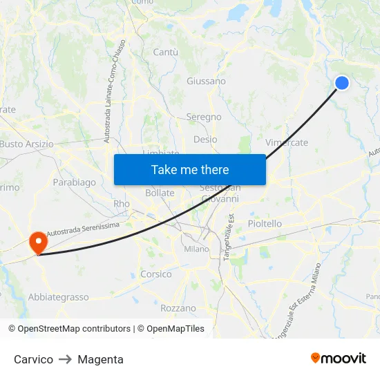Carvico to Magenta map
