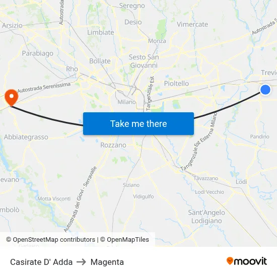 Casirate D' Adda to Magenta map