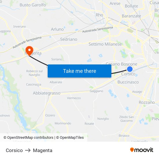 Corsico to Magenta map