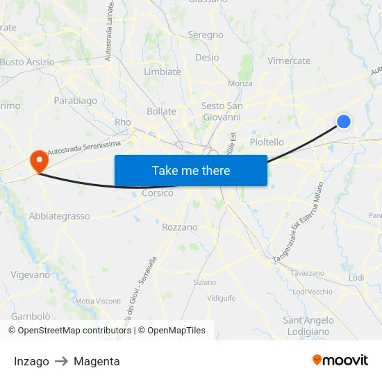 Inzago to Magenta map