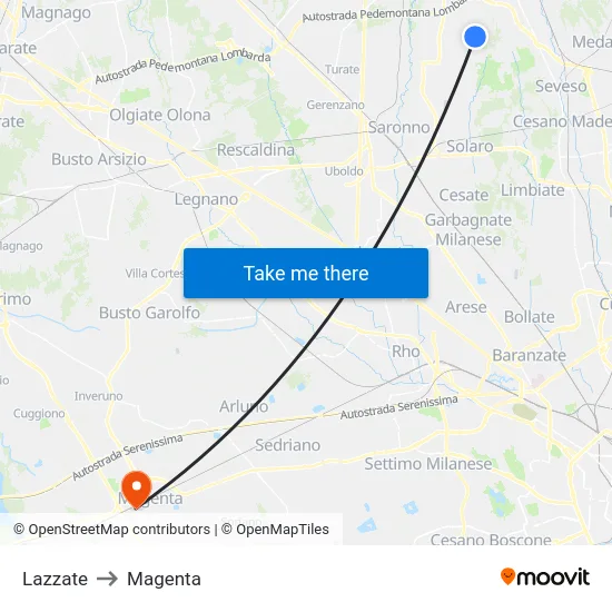 Lazzate to Magenta map