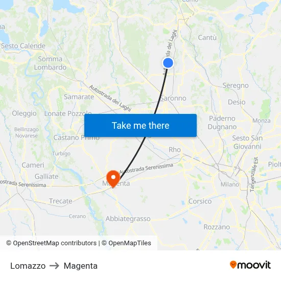 Lomazzo to Magenta map