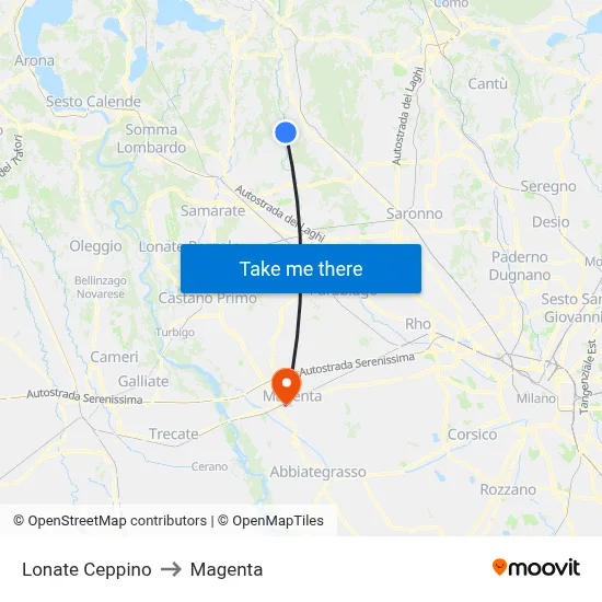 Lonate Ceppino to Magenta map