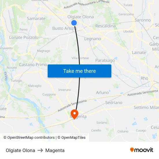 Olgiate Olona to Magenta map