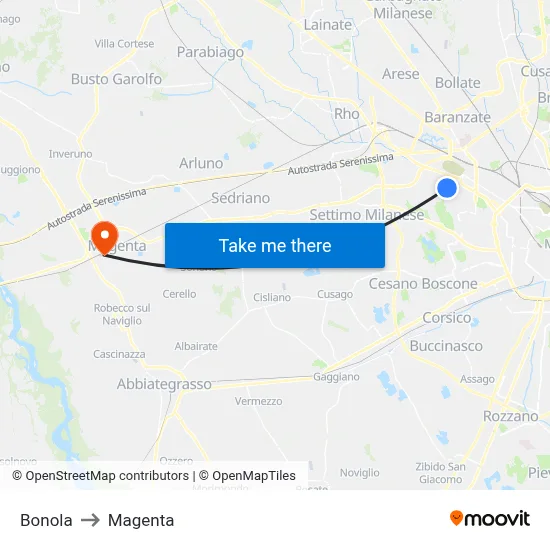 Bonola to Magenta map