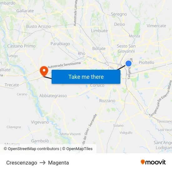 Crescenzago to Magenta map